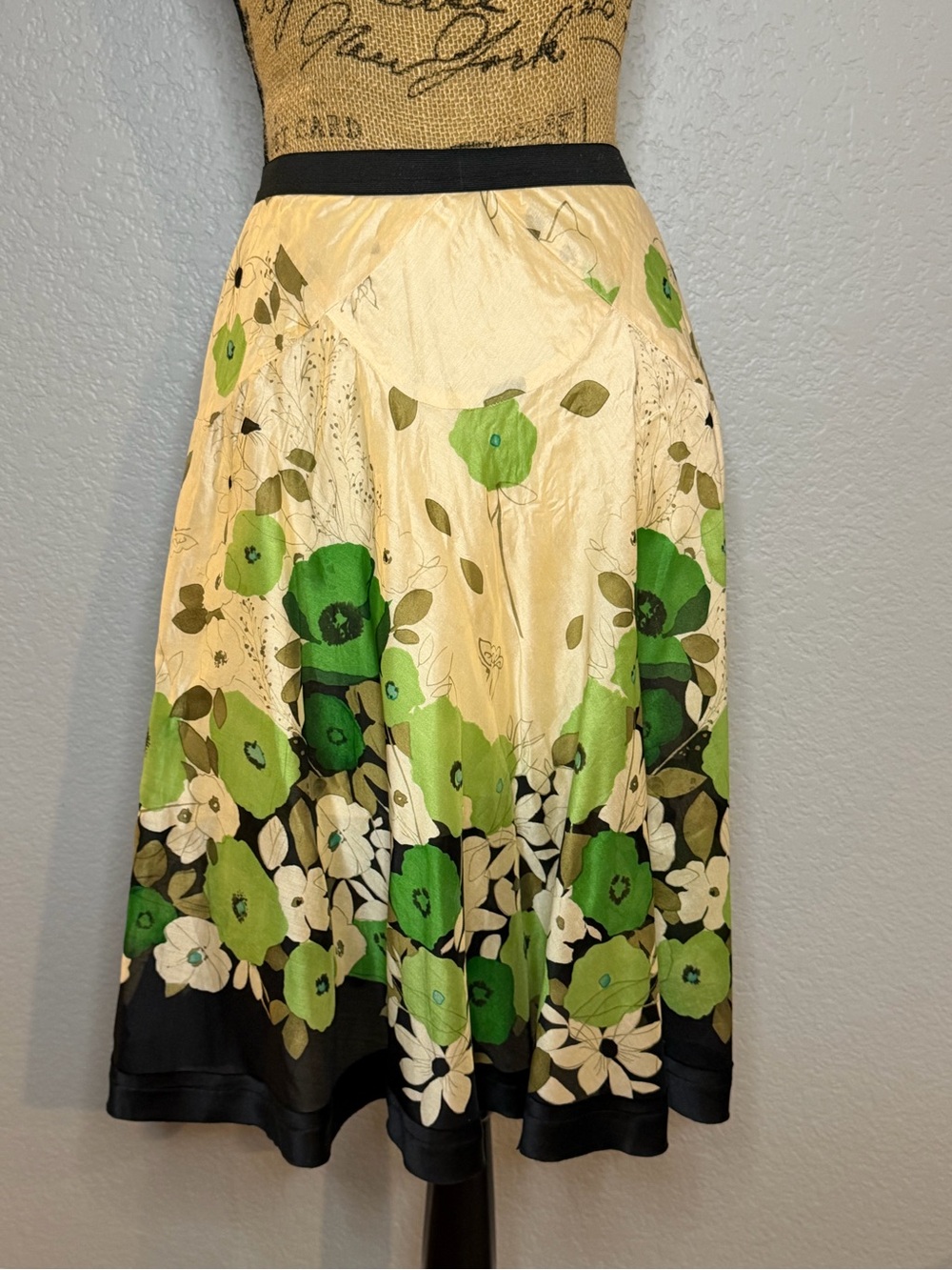 Rebecca Taylor Green Floral Circle Skirt with Black Hem